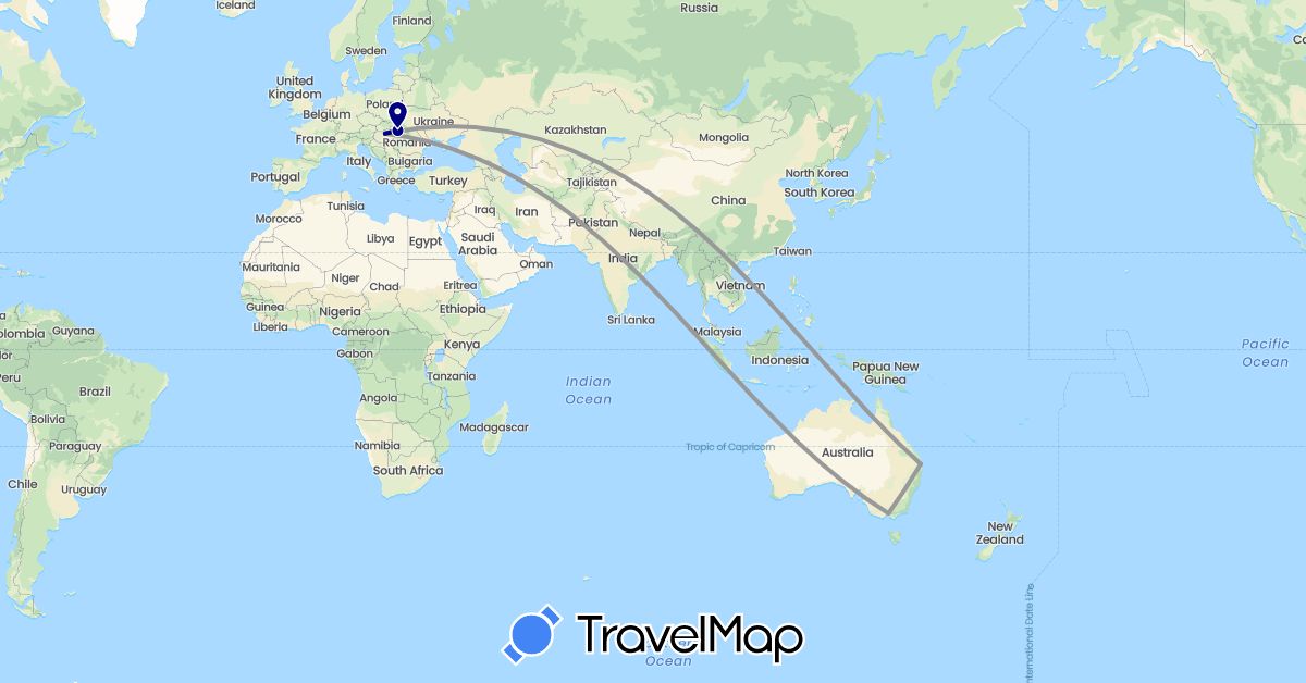 TravelMap itinerary: driving, plane in Australia, Hungary (Europe, Oceania)